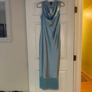 INC International Concepts Light Blue Satin Cowl-Neck Fringe Hem Maxi Dress
